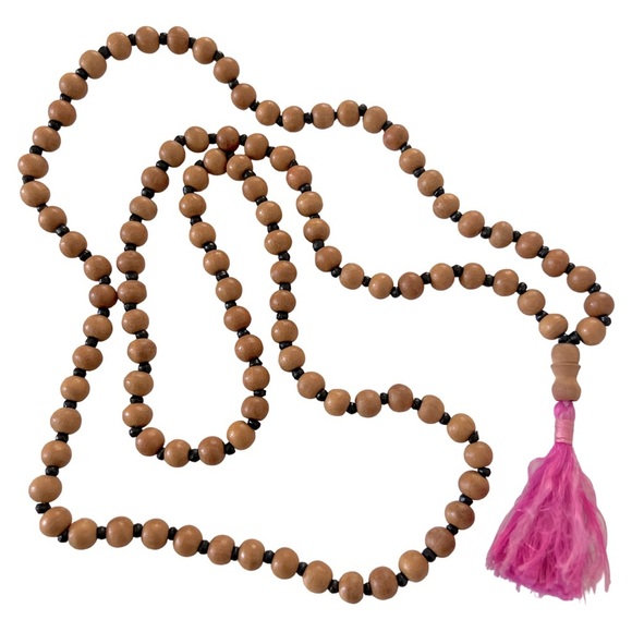 Pink & Brown Beaded Tassel Pendant Long Necklace - Picture 2 of 3